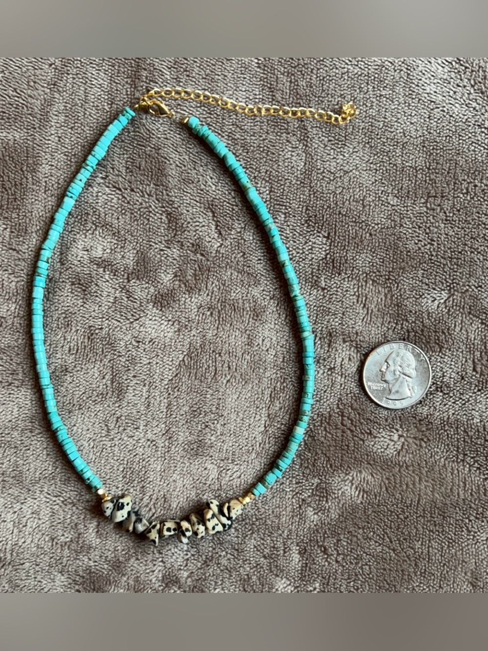 Turquoise Beaded Necklace with Dalmatian Stone Accents